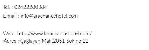 Lara Chance Hotel telefon numaralar, faks, e-mail, posta adresi ve iletiim bilgileri